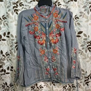 Johnny Was Embroidered Blouse Womens XS Gray Cupra Rayon Long Sleeve Boho